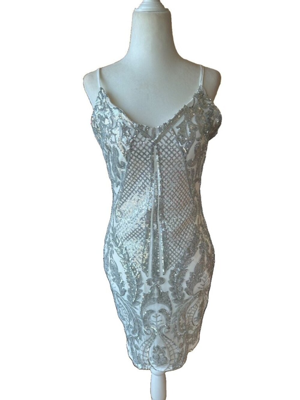 Quiz Silver White Sequin Strappy Party Dress Size S4 Evening Gatsby Sexy